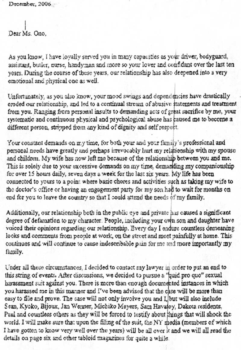 Yoko Ono : la lettre de chantage
