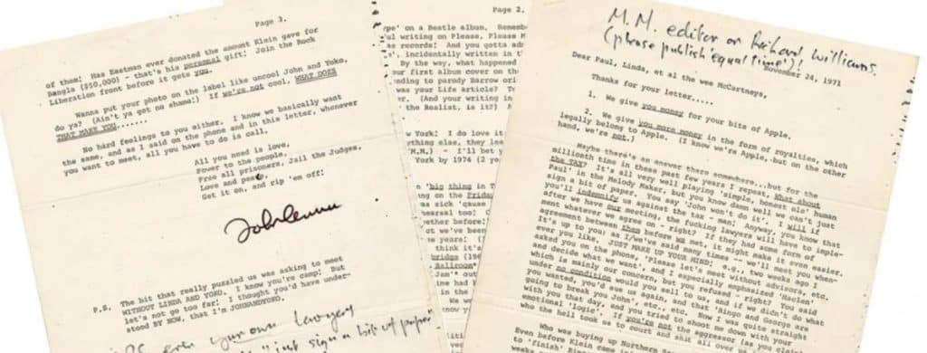 La lettre cinglante de John Lennon à Paul McCartney après la séparation des Beatles est mise aux enchères.