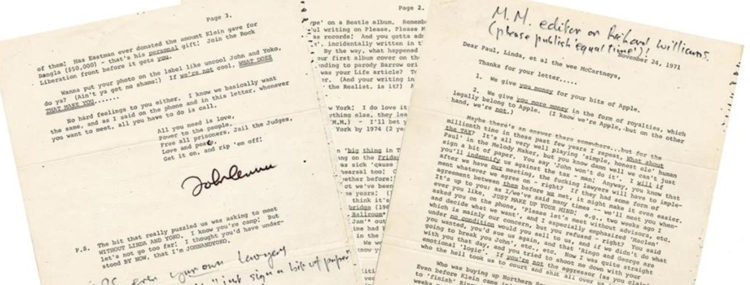 La lettre cinglante de John Lennon à Paul McCartney après la séparation des Beatles est mise aux enchères.