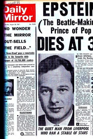 La première page du Daily Mirror du 28 août 1967, annonçant la mort d'Epstein