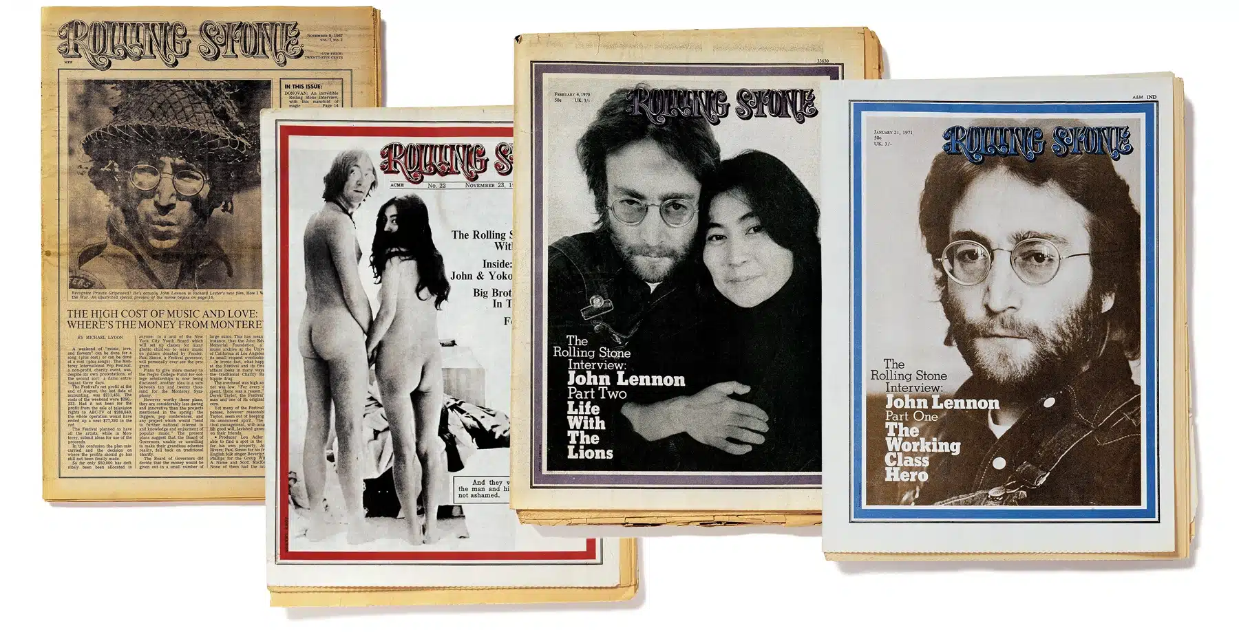 De gauche à droite, le premier numéro : Lennon fait la couverture du premier numéro de Rolling Stone pour son rôle principal dans la satire noire How I Won the War. Two Virgins : Lorsque Lennon et Ono ont sorti Two Virgins, le disque a été interdit dans tout le pays. Wenner met la pochette de l'album sur la couverture du magazine. Lennon se souvient : Après la séparation des Beatles, Lennon s'est assis avec Wenner pour ce qui est devenu l'une des interviews les plus célèbres de l'histoire du magazine.