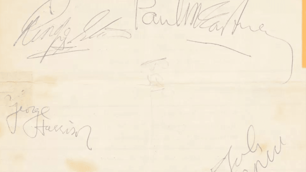 Estimation de la série complète d'autographes des Beatles lors d'une vente aux enchères
