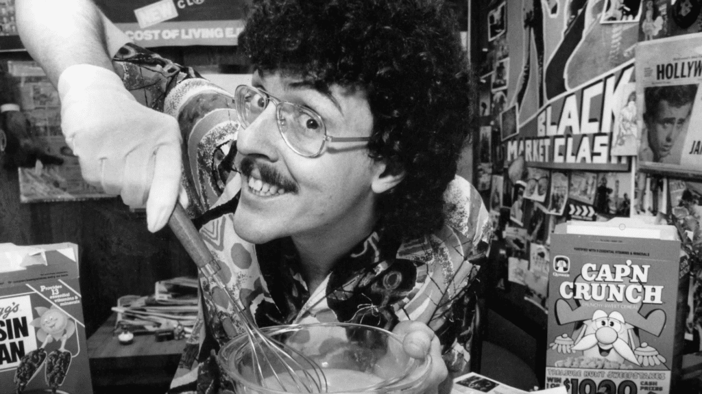 "Weird Al" Yankovic posant avec une machine d'arcade Pac-Man
