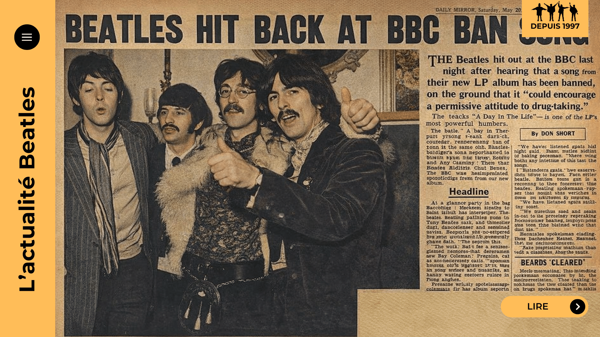 Censure des Beatles : de la BBC à la pochette butcher cover, découvrez les chansons bannies, les clips refusés et les polémiques (A Day in the Life, Walrus, Come Together…). Pourquoi ces interdits ? Plongez dans l’envers des sixties et lisez l’enquête.