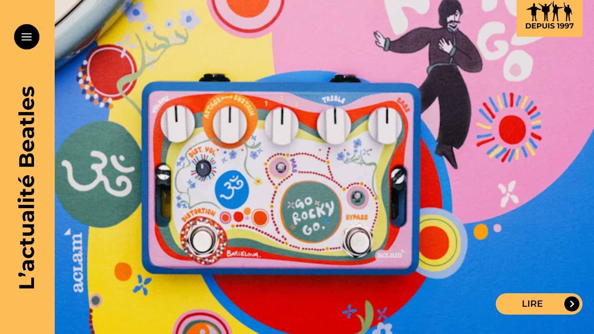 Aclam rend hommage à George Harrison avec Go Rocky Go, une pédale d’effet inspirée de sa Stratocaster psychédélique. Fidèle au son Vox Conqueror et à l’esthétique des Beatles, cette stompbox fusionne technologie de pointe et passion sixties, évoquant l’univers sonore de Harrison dans White Album et Magical Mystery Tour. Un objet culte pour musiciens et collectionneurs.