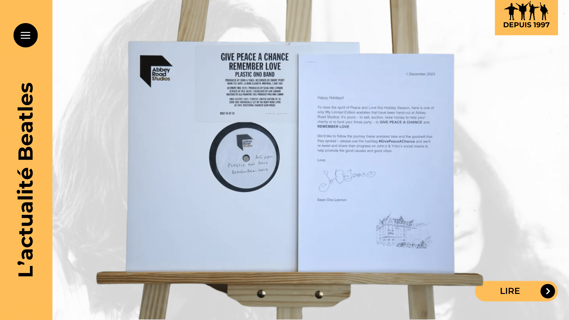 Un vinyle acetate rare de John Lennon, contenant Give Peace a Chance et Remember Love, sera mis aux enchères le 4 mai 2025 lors du Liverpool Gospel Music Festival. Pressé à seulement 50 exemplaires, ce disque unique est offert par Yoko Ono et Sean Ono Lennon au profit de l'ONG World Vision.