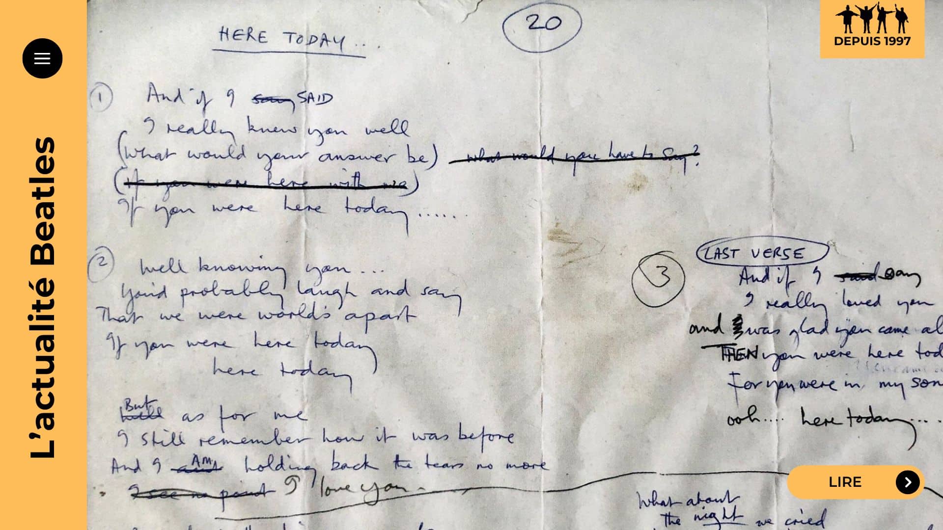 Here Today, ballade de Tug of War (1982), est la conversation imaginaire de Paul McCartney avec John Lennon : pudeur, cordes et regrets. Contexte, paroles, arrangement de George Martin, versions live : plongez dans la chanson.