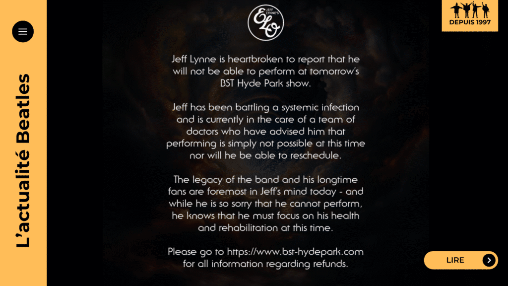Jeff Lynne annule à la dernière minute son concert d’adieu à Hyde Park pour raison médicale. Découvrez pourquoi le leader d’ELO met fin à sa tournée, l’impact sur le festival et ses projets futurs.