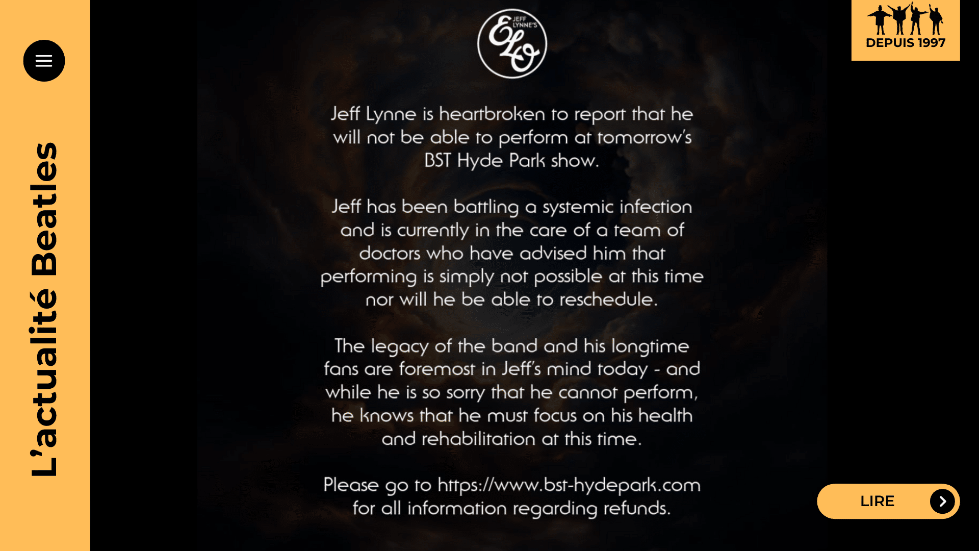 Jeff Lynne annule à la dernière minute son concert d’adieu à Hyde Park pour raison médicale. Découvrez pourquoi le leader d’ELO met fin à sa tournée, l’impact sur le festival et ses projets futurs.