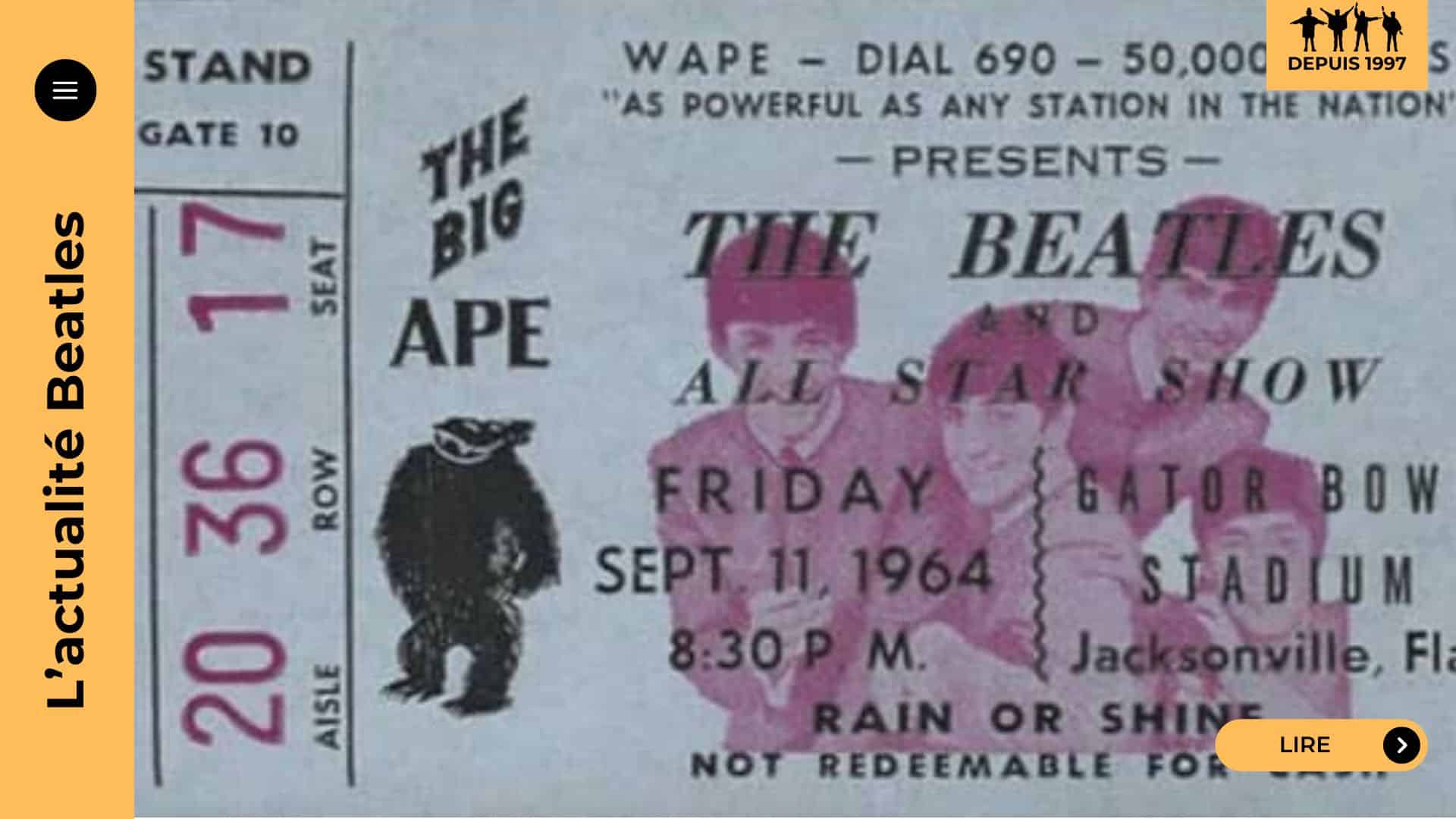 Le 11 septembre 1964, les Beatles jouent au Gator Bowl malgré l’ouragan Dora et imposent un public mixte. Découvrez les coulisses d’un show historique entre courage civil et Beatlemania en furie.