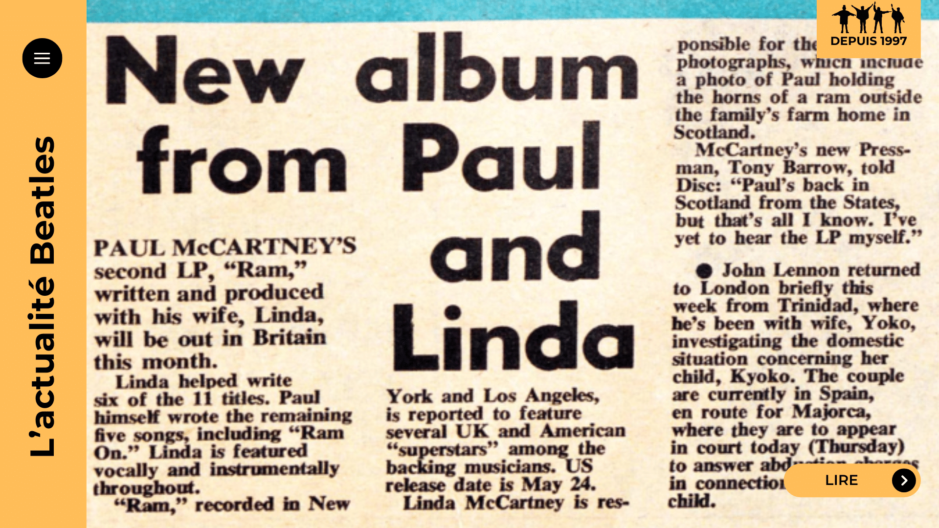 Ram, l’album-charnière de Paul McCartney (1971) : refuge familial avec Linda, pique à Lennon, studio new-yorkais et lente revanche critique. Pourquoi ce disque post-Beatles est devenu culte ? Plongez dans l’histoire et réécoutez-le autrement.
