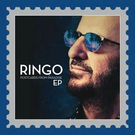 Pochette de Postcards from Paradise (2015), portrait de Ringo Starr par Rob Shanahan et cadre en forme de timbre-poste